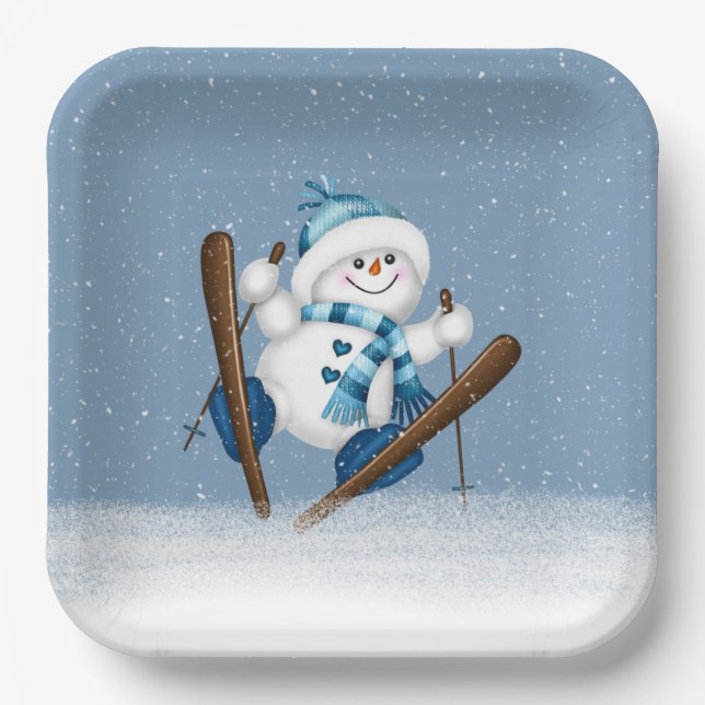 Skiing Christmas Snowman  Paper Plates (Front)