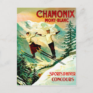 Skiing couple in Mont Blanc mountain, France Postcard