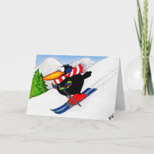Skiing Crow cartoon funny Christmas card