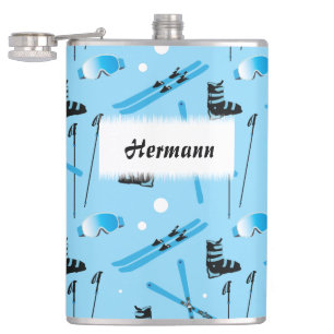Skiing Equipment Pattern Blue Personalised Flask
