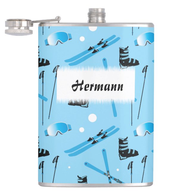 Skiing Equipment Pattern Blue Personalised Flask (Opened)