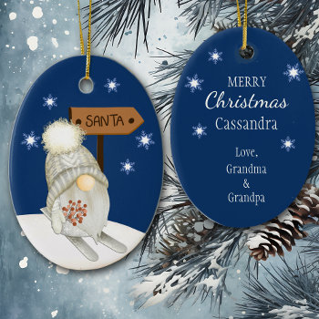 Skiing Gnome Looking For Santa Kids Ceramic Ornament by SandCreekVentures at Zazzle