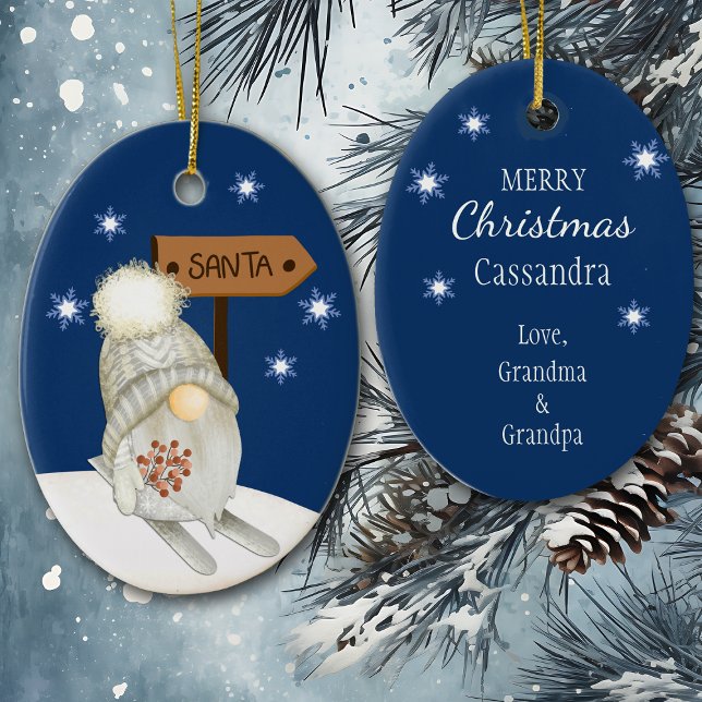 Skiing Gnome Looking for Santa Kids Ceramic Ornament (Creator Uploaded)