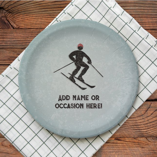 Skiing Guy on galvanized steel look male party Paper Plates (Creator Uploaded)