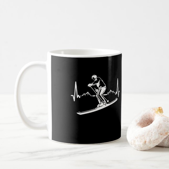 Skiing Heartbeat Skier Winter Sports Coffee Mug (With Donut)
