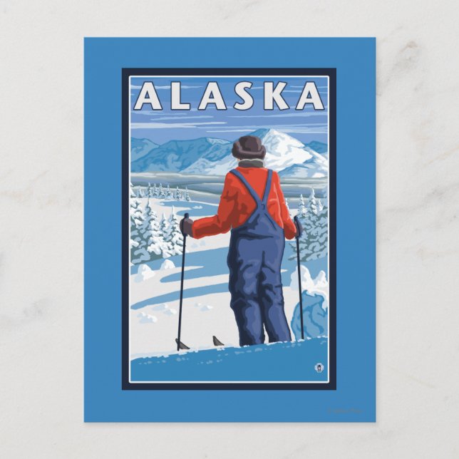 Skiing in Alaska Vintage Travel Poster Postcard (Front)