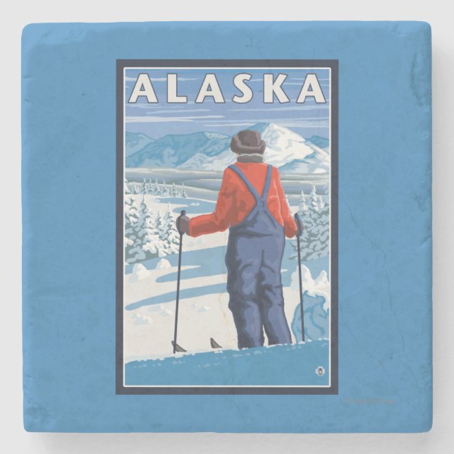 Skiing in Alaska Vintage Travel Poster Stone Coaster (Front)