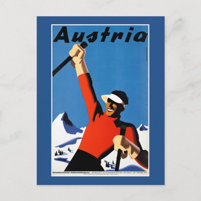 Skiing in Austria Vintage Travel Poster Postcard (Front)