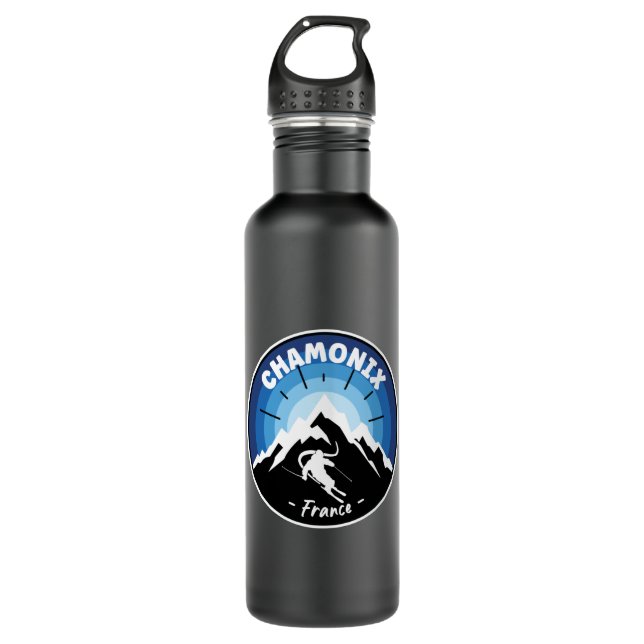 Skiing In Chamonix France Blue Stainless Steel Water Bottle (Front)