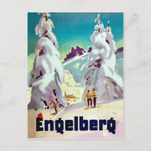 Skiing in Engleberg, Switzerland, vintage travel Postcard