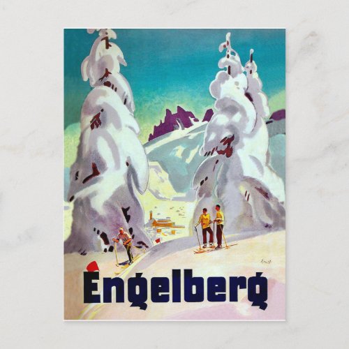 Skiing in Engleberg Switzerland vintage travel Postcard