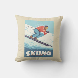 Skiing Is Believing Retro Print Throw Pillow