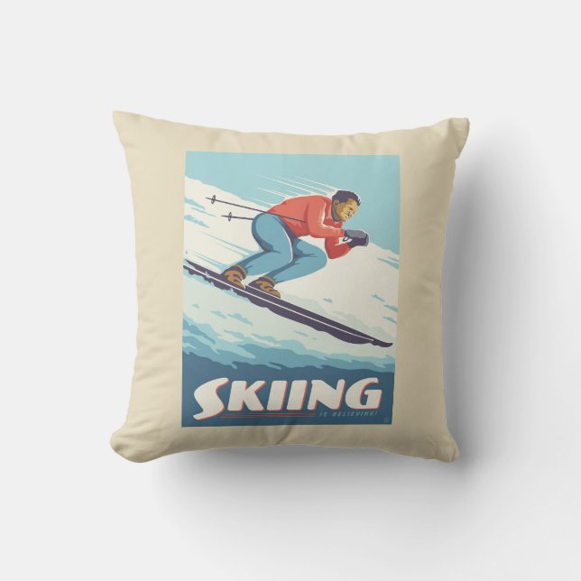 Skiing Is Believing Retro Print Throw Pillow (Front)