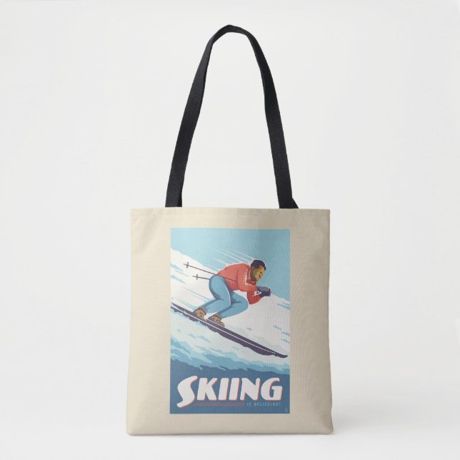 Skiing Is Believing Retro Print Tote Bag (Front)