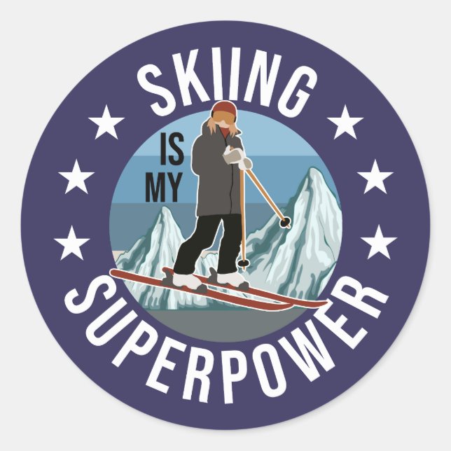 Skiing Is My Superpower Classic Round Sticker (Front)