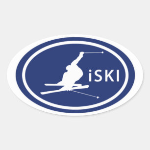 Skiing "iSKI" Oval Skier Mountain Tag Stickers