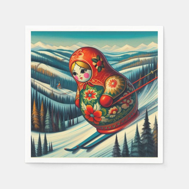 Skiing Matryoshka Doll Winter Snow Napkins (Front)