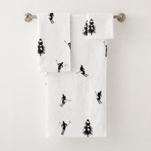 Skiing Modern Black & White Ski Skiers Theme   Bath Towel Set