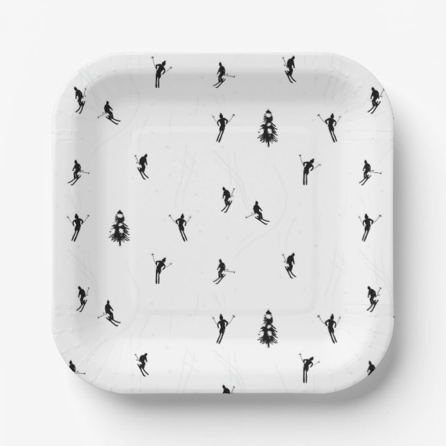 Skiing Modern Black & White Ski Skiers Theme  Paper Plates (Front)