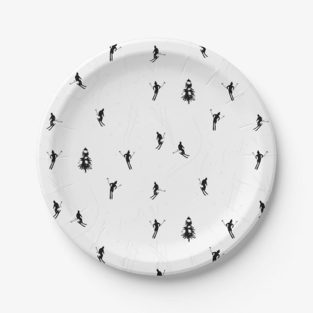 Skiing Modern Black & White Ski Skiers Theme  Paper Plates (Front)