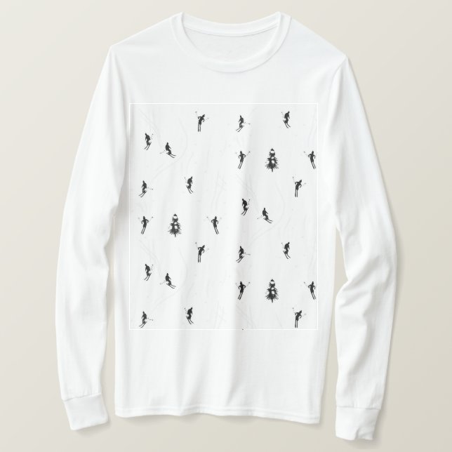 Skiing Modern Black & White Ski Skiers Theme T-Shirt (Design Front)