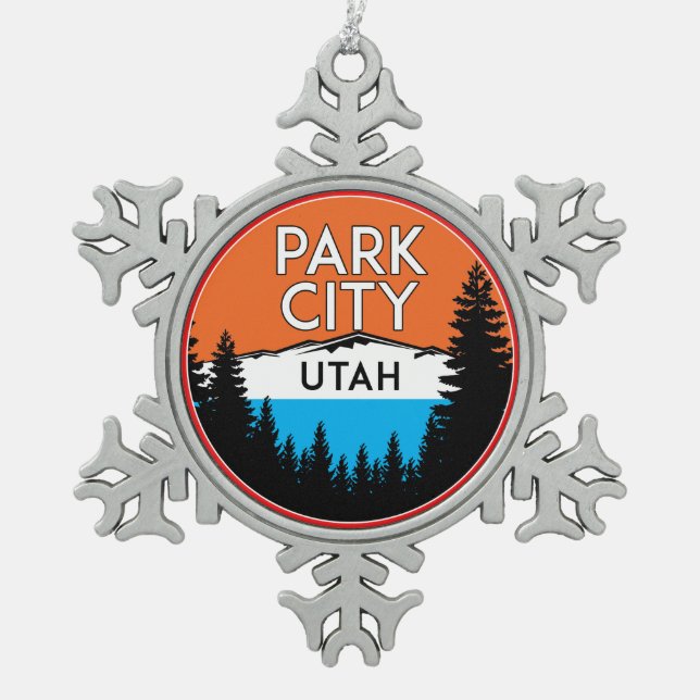 Skiing Park City Utah Ski Snowflake Pewter Christmas Ornament (Front)