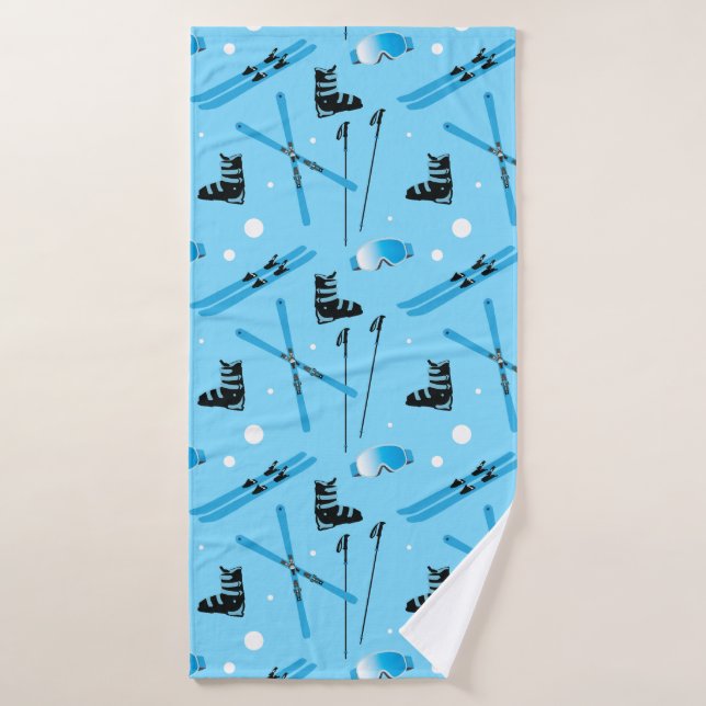 Skiing Pattern Blue Ski Equipment Bath Towel (Bath Towel)