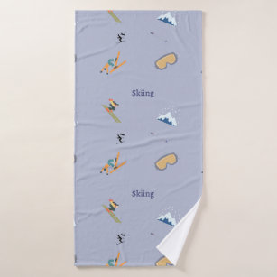 Skiing pattern on blue bath towel
