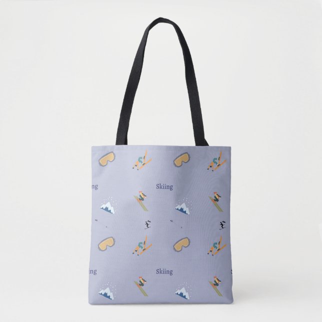 Skiing pattern on blue tote bag (Front)