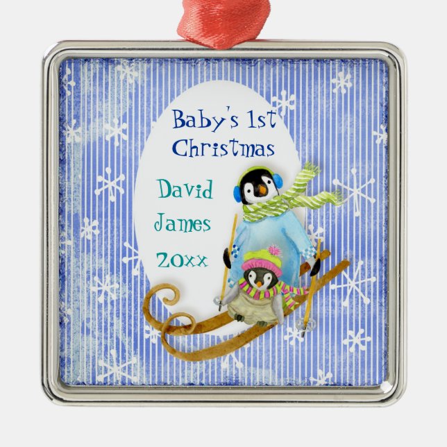 Skiing Penguin Baby's 1st Christmas Ornament (Front)