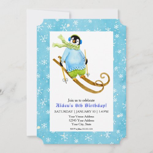 Skiing Penguin Birthday Party Ski Falling Snow Invitation