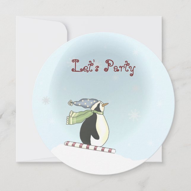 Skiing Penguin Kid's Holiday Party Invitation (Front)