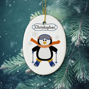 Skiing Penguin Personalized Ceramic Ornament by SandCreekVentures at Zazzle
