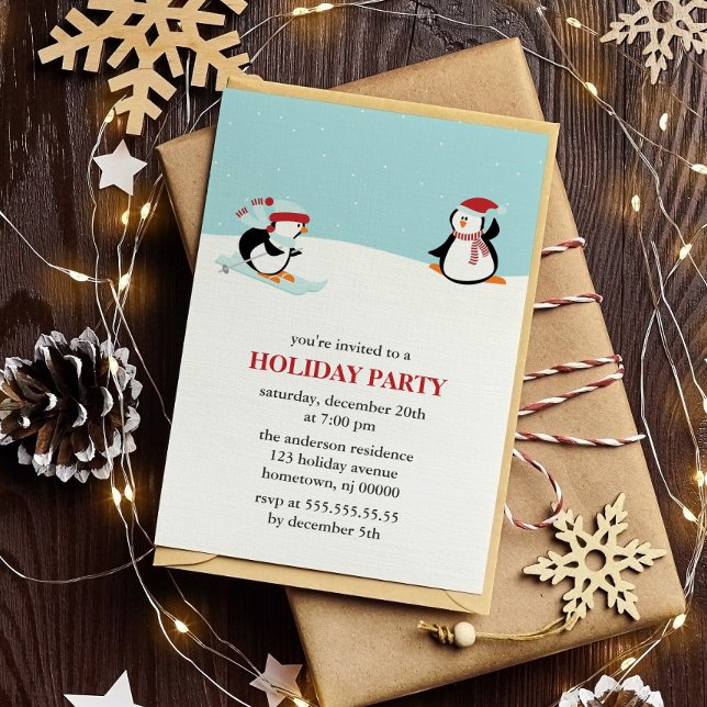 Skiing Penguins Holiday Party Invitation (Creator Uploaded)