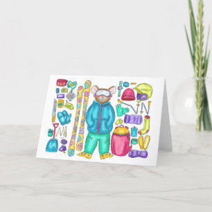 Skiing Pika Gear Spread Watercolor Card