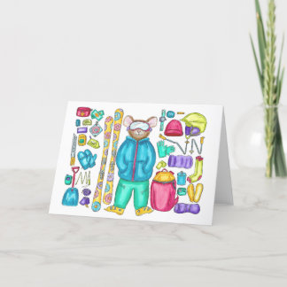 Skiing Pika Gear Spread Watercolor Card