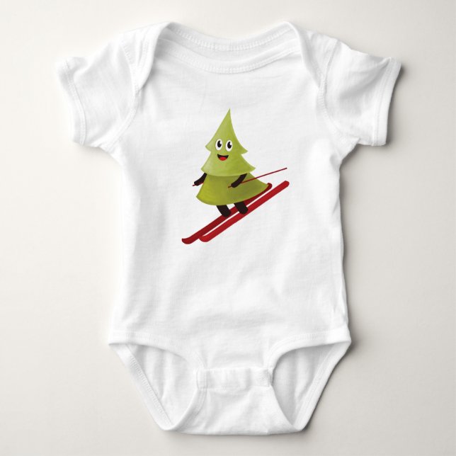 Skiing Pine Tree Cute Snow Sports Winter Baby Bodysuit (Front)
