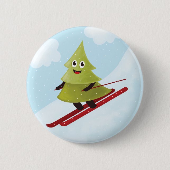 Skiing Pine Tree Cute Snow Sports Winter Button (Front)