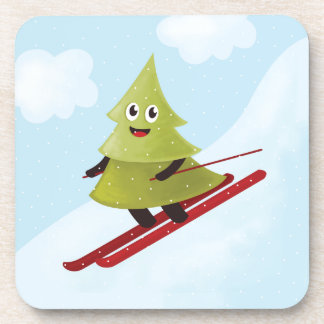 Skiing Pine Tree Cute Snow Sports Winter Drink Coaster