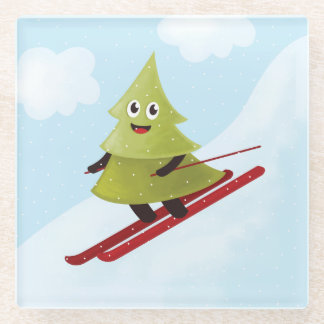 Skiing Pine Tree Cute Snow Sports Winter Glass Coaster