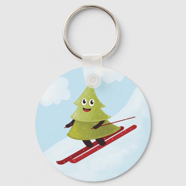 Skiing Pine Tree Cute Snow Sports Winter Keychain (Front)