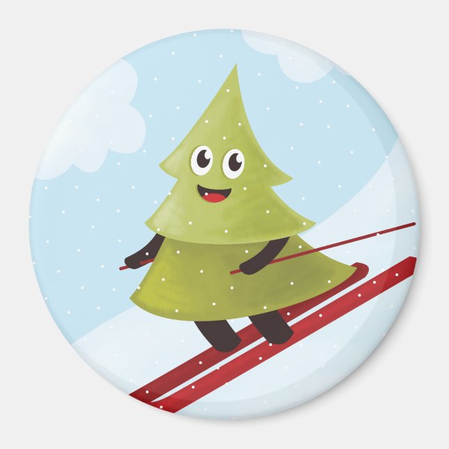Skiing Pine Tree Cute Snow Sports Winter Magnet (Front)