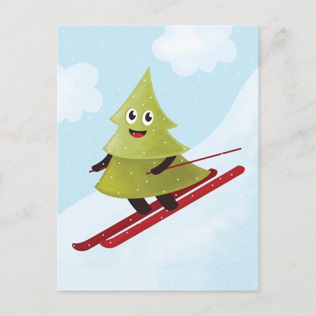 Skiing Pine Tree Cute Snow Sports Winter Postcard (Front)