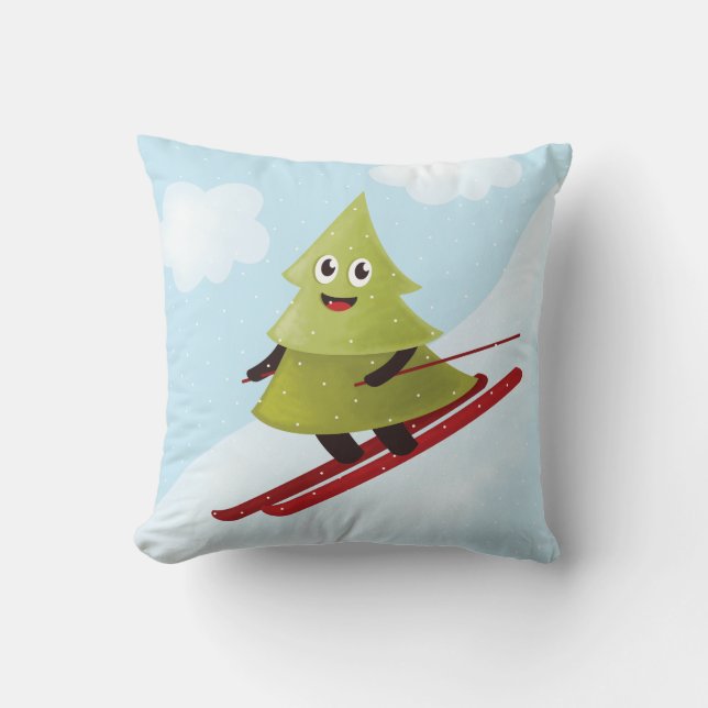Skiing Pine Tree Cute Snow Sports Winter Throw Pillow (Front)