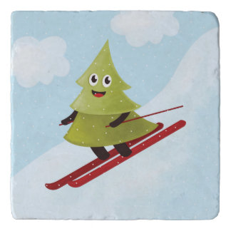 Skiing Pine Tree Cute Snow Sports Winter Trivet