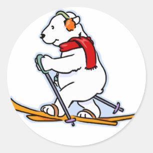 Skiing Polar Bear Classic Round Sticker