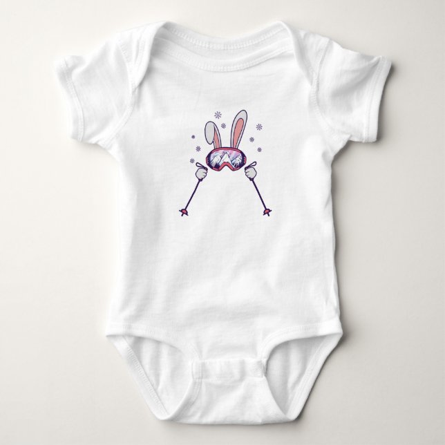 Skiing Rabbit with ski poles and ski goggles Baby Bodysuit (Front)