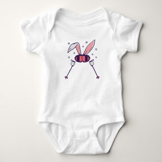 Skiing Rabbit with ski poles and ski goggles Baby Bodysuit (Front)