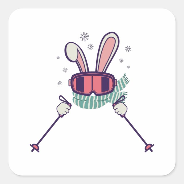 Skiing Rabbit with ski poles and ski goggles Square Sticker (Front)