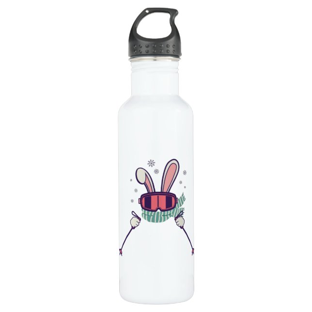 Skiing Rabbit with ski poles and ski goggles Stainless Steel Water Bottle (Front)